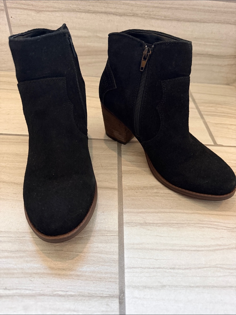 dh NEW YORK Black Suede Ankle Booties with Side Zip and Stacked Heel